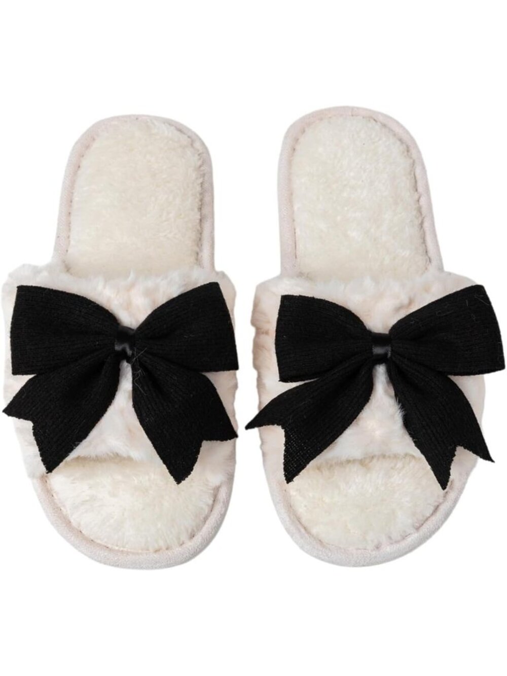 Women's Black Fuzzy Bow House Slippers Memory Foam Slides Open Toe Plush Fleece